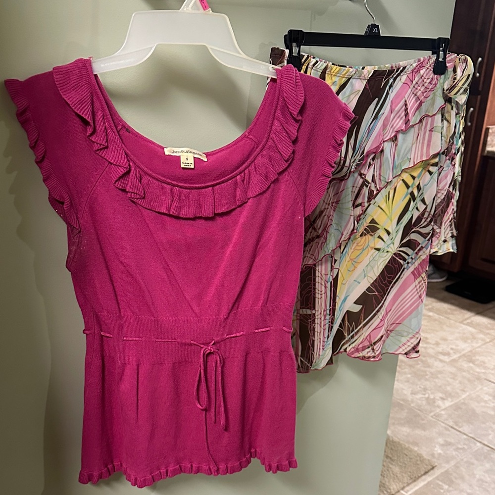 Pink Ruffled Top and Patterned Skirt Set
